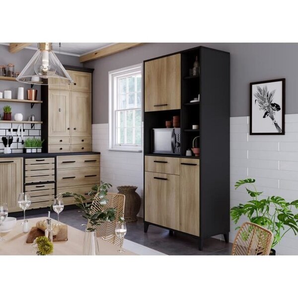 Buffet haut de cuisine - 3 portes et 1 tiroir - Mélamine chêne et noir - 80 x 40 x 178 cm
