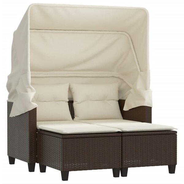 vidaXL Canapé de jardin 2 places avec auvent et tabourets marron rotin