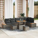 Set de canapés de jardin 9 pièces avec coussins Gris Poly Rattan Acacia