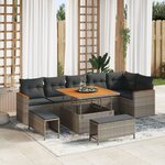 Ensemble de canapés de jardin 9 pièces avec coussins gris poly rotin acacia