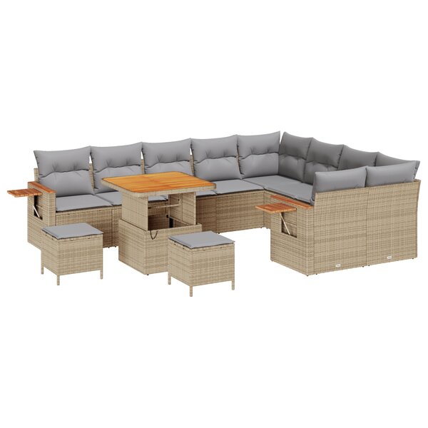 Ensemble de Canapés de Jardin de 12 Pièces avec Coussins Beige Poly Rattan Acacia
