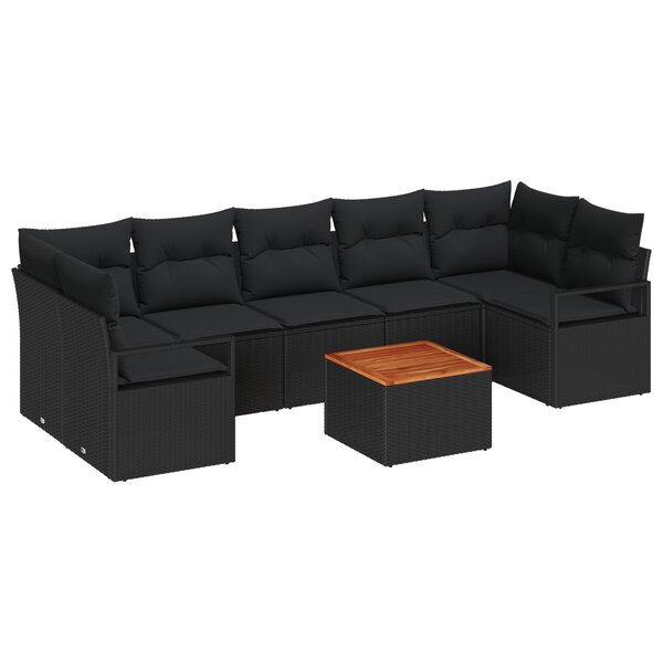 Set de Canapés Jardin 8 Pièces avec Coussins Noir en Rattan Poly Acacia