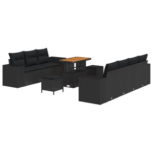 Ensemble de Canapés de Jardin 10 Pièces avec Coussins Noir Poly Rattan Acacia