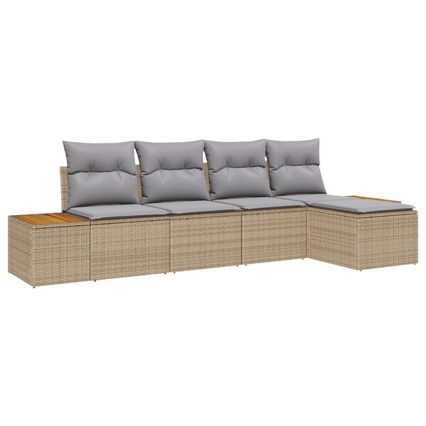 vidaXL Set de canapé de jardin 5 pièces avec coussins Beige Poly Rattan Acacia