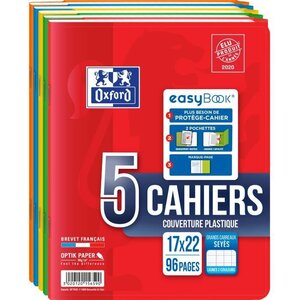 LOT DE 5 CAH EASYBOOK AGRAFES 17X22 96P 90G SEYES ASSORTI