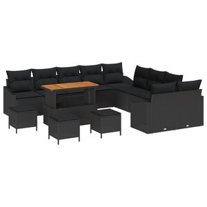 Ensemble de canapé de jardin vidaXL 14 pièces avec coussins noir poly rattan acacia