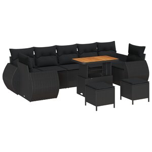 Ensemble de Canapé de Jardin 10 Pièces avec Coussins en Rattan Poly Noir Acacia