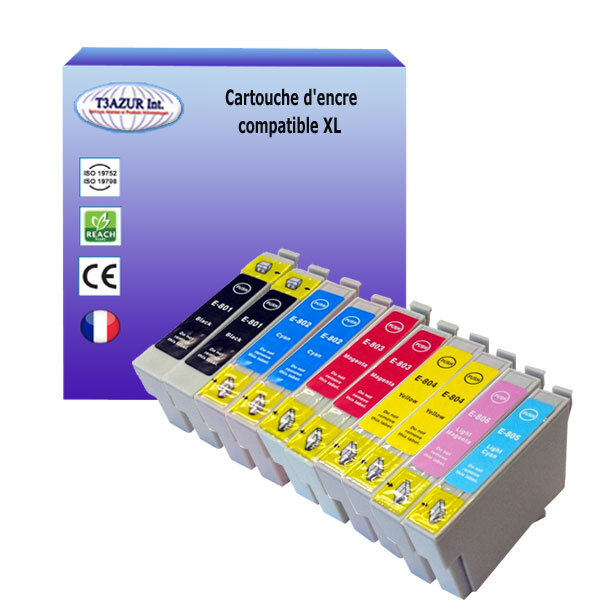 10 Cartouches Compatibles pour Epson Stylus Photo P50, PX650, PX660, PX700W, PX710W, PX720WD, PX730WD remplace Epson T0801/2/3/4/5/6  - T3AZUR
