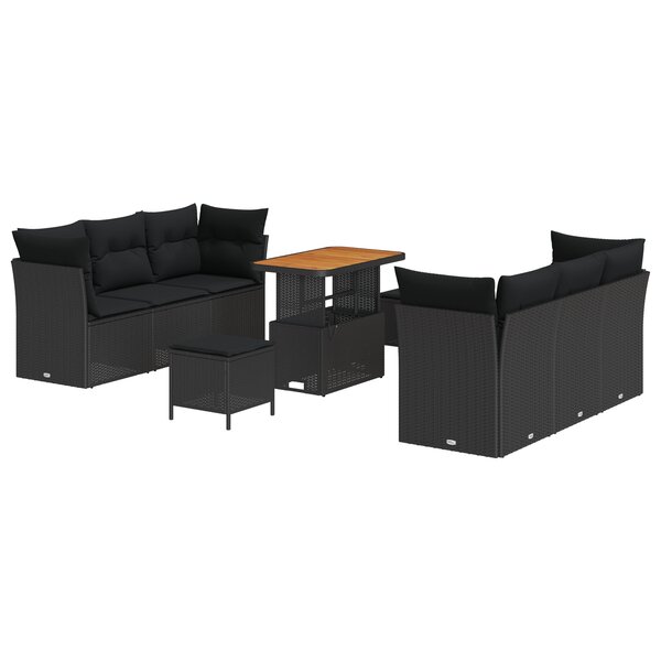 Ensemble de canapés de jardin vidaXL 9 pièces avec coussins Noir Poly Rotin Acacia
