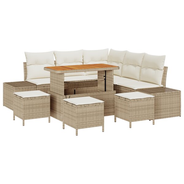 Ensemble de Canapés de Jardin 9 Pièces avec Coussins Beige Poly Rattan Acacia