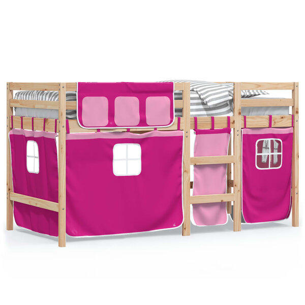 vidaXL Lit mezzanine enfants et rideaux rose 90x190cm bois pin massif