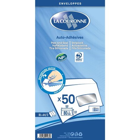 Enveloppe papier vélin blanc, format dl, 110 x 220 mm, 80 g/m² fermeture autocollante avec bande protectrice, blanc (paquet 50 unités)