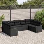 Ensemble de canapé de jardin 9 pièces avec coussins rattan poly noir