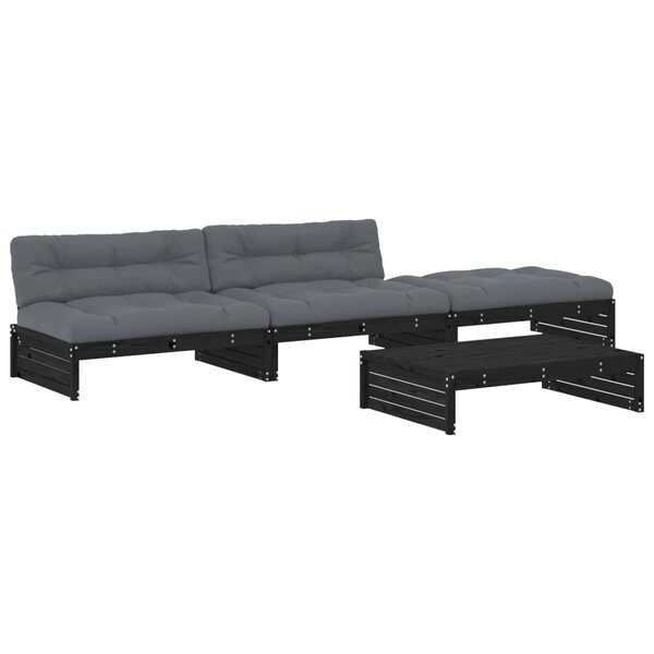 vidaXL Salon de jardin 4 Pièces avec coussins noir bois massif