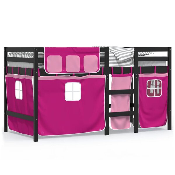 vidaXL Lit mezzanine enfants et rideaux rose 90x190cm bois pin massif