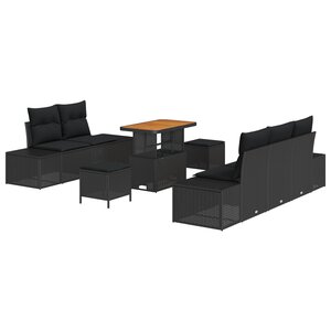 Set de canapé de jardin vidaXL en 8 pièces avec coussins noir en poly rotin acacia