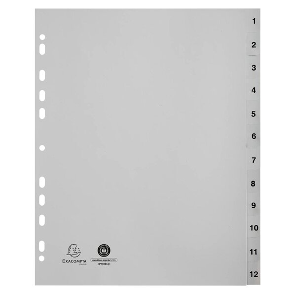 Intercalaires Imprimés Numériques Pp Recyclé Gris 12 Positions - A4 Maxi - Gris - X 10 - Exacompta