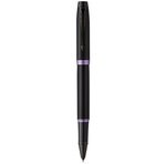 Stylo roller Parker IM Vibrant Rings  Satin noir laqué  attributs violet améthyste  recharge noire pointe fine  Coffret cadeau