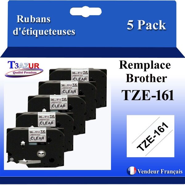 5x Rubans d'étiqueteuses compatibles avec Brother Tze161  Tze-161 pour étiqueteuses P-touch - Texte noir sur fond transparent - Largeur 36 mm x 8 mètres - T3AZUR