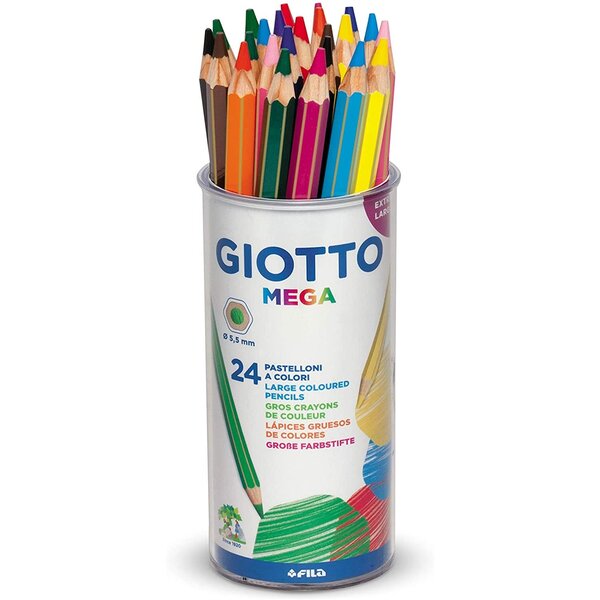 Pot 24 Crayons de Couleur MEGA Hexagonal Mine Large 5.5mm Assortis x 15 GIOTTO