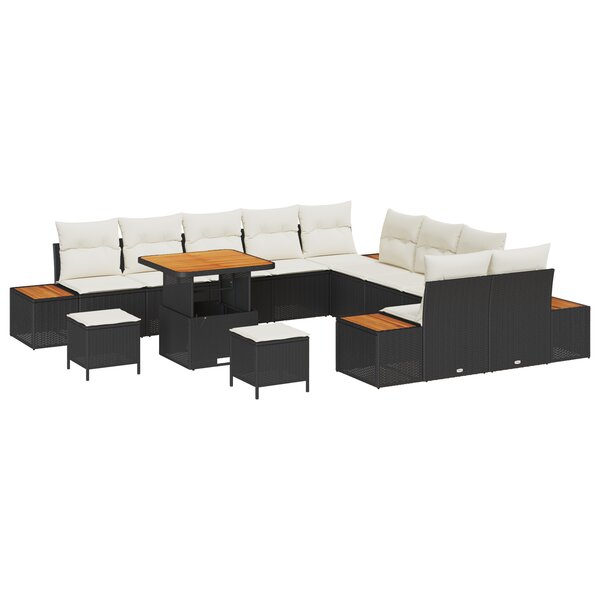 Ensemble de jardin de 13 pièces vidaXL avec coussins noir poly rattan acacia