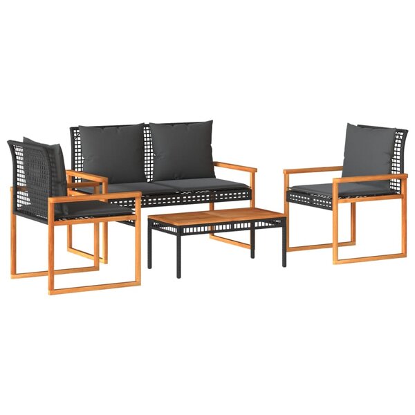 vidaXL Salon de jardin 4 Pièces avec coussins Noir Résine tressée