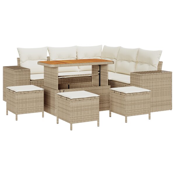 Ensemble de Canapés de Jardin de 9 Pièces avec Coussins Beige Rattan Poly Acacia