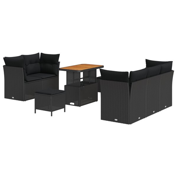 Set de Canapé de Jardin 8 Pièces vidaXL avec Coussins Noir Poly Rattan Acacia