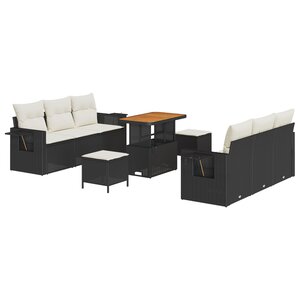 Ensemble de Canapé de Jardin de 9 Pièces avec Coussins Noir Rattan Poly Acacia