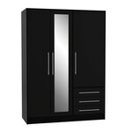 Armoire 3 portes battantes avec miroir + 3 tiroirs - Bois aggloméré - Noir - 144 6 x 60 x 200 cm