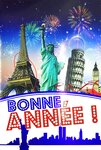 Carte bonne année meilleurs vœux feu d'artifice paillettes et enveloppe blanche