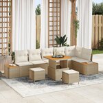 Ensemble de Canapés de Jardin 9 Pièces avec Coussins Beige Poly Rattan Acacia