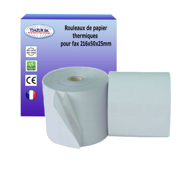 Lot de 2 rouleaux de papier thermique pour fax 216x50x25mm -t3azur