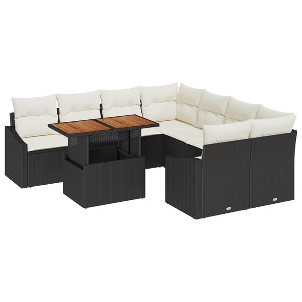vidaXL Ensemble de Salle à Manger de Jardin 9 Pièces avec Coussins Noir Poly Rattan Acacia