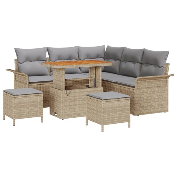Canapés de Jardin 8 Pièces avec Coussins Beige Rotin Poly Acacia