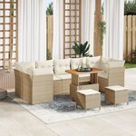 Ensemble de sofa de jardin de 10 pièces avec coussins beige en poly-rattan acacia