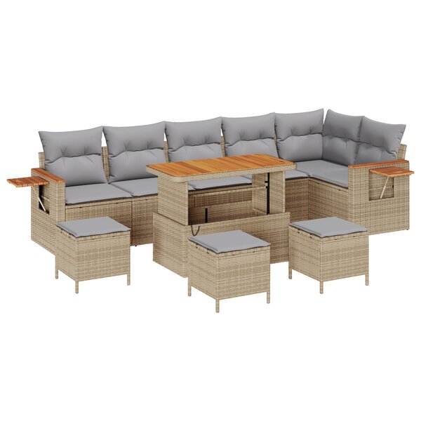 vidaXL Canapé de Jardin 10 Pièces avec Coussins Cadre en Poly Rotin Beige Acacia