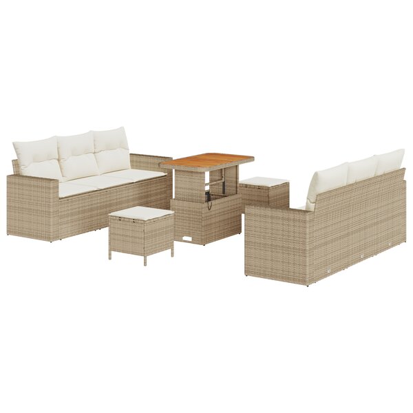 Ensemble de canapé de jardin 9 pièces avec coussins beige poly rattan acacia