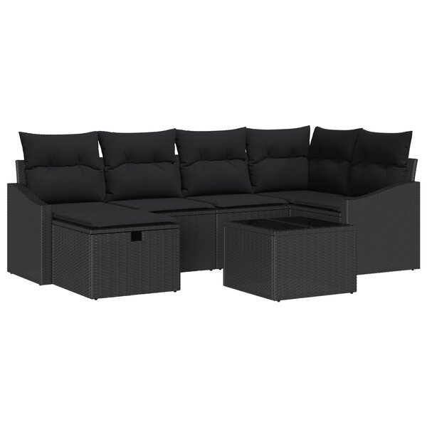 vidaXL Ensemble de canapé de jardin de 7 pièces avec coussins Noir Poly Rotin