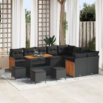 Set de canapé de jardin 13 pièces vidaXL avec coussins noir rotin poly acacia