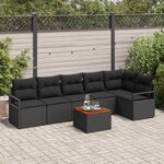 Canapé de jardin 7 pièces avec coussins noir poly rotin acacia