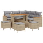 Ensemble de Canapé de Jardin 9 Pièces avec Coussins Beige en Rattan Poly Acacia