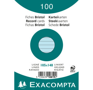 Paquet de 100 Fiches Bristol A6 bleu ligné. s/s film EXACOMPTA