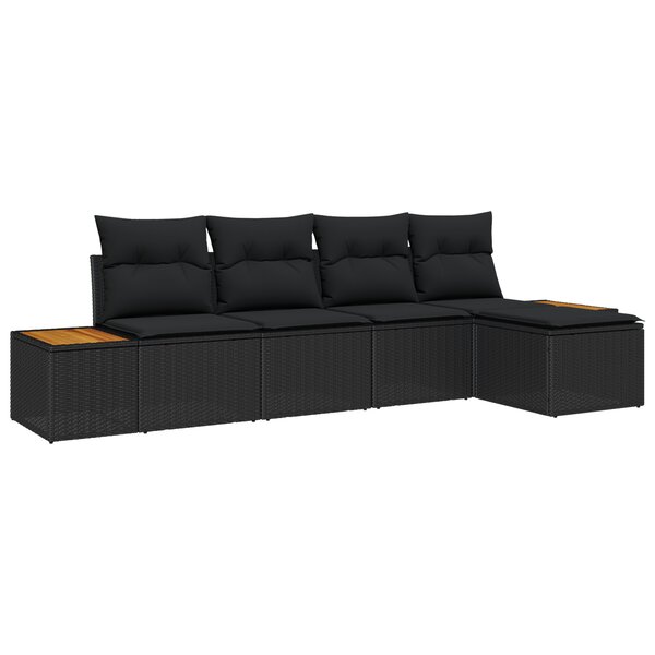 Ensemble de canapé de jardin 5 pièces avec coussins Noir Poly Rotin Acacia