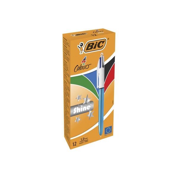 BIC 4 Couleurs Shine Stylos-Bille Rétractables Pointe Moyenne (1,0 mm) - Corps Bleu Métallisé, Boîte de 12
