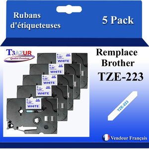 5x  Rubans d'étiqueteuses compatibles avec Brother Tze223  Tze-223 pour étiqueteuses P-touch - Texte bleu sur fond blanc - Largeur 9 mm x 8 mètres - T3AZUR