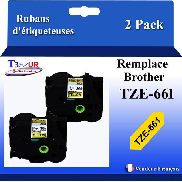 2x Rubans d'étiqueteuses compatibles avec Brother Tze661  Tze-661 pour étiqueteuses P-touch - Texte noir sur fond jaune