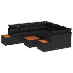 Ensemble de Canapés de Jardin 9 Pièces avec Coussins Noir Poly Rattan Acacia