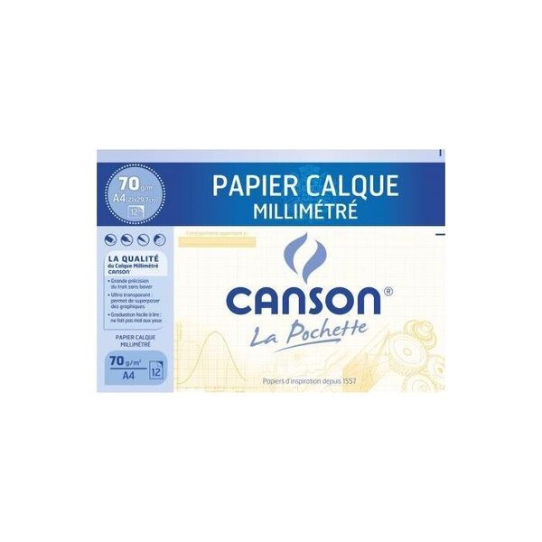 Pochette 12 feuilles Papier calque millimétré Bistre A4 70/75g CANSON