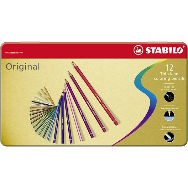 Boite métal 12 crayons de couleur original mine fine partiellement aquarellable x 5 stabilo